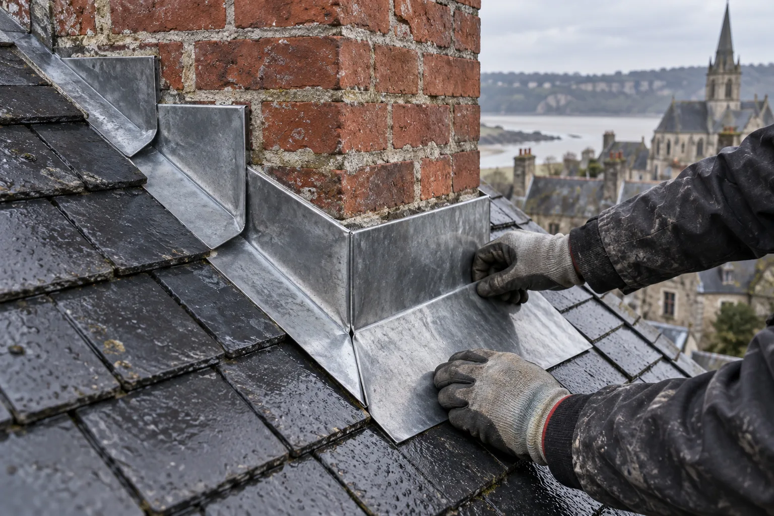 Détail illustratif d’une cheminée et de ses raccords en zinc